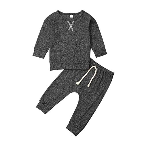 Koloyooya Baby Boys Girls Clothes 2PCS Outfit Set Long Sleeve Tops with Stripped Pants (Gray Black-B, 70(0-6 Months))