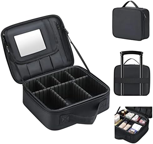 Travel Makeup Bag with Mirror, Cosmetics Organizer Bag, Travel Makeup Train Case & Adjustable Dividers, Professional Cosmetic Accessories Case, Portable Travel Case Waterproof and Durable (Black)