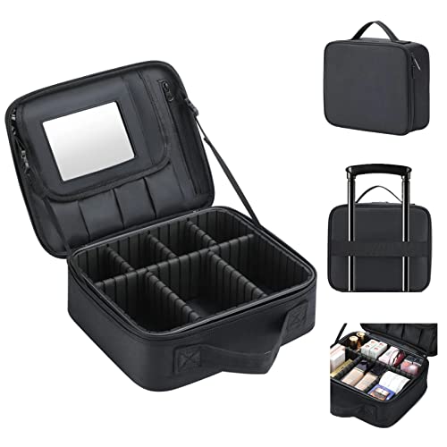 Travel Makeup Bag With Mirror, Cosmetics Organizer Bag, Travel Makeup Train Case & Adjustable Dividers, Professional Cosmetic Accessories Case, Portable Travel Case Waterproof And Durable (Black) #TOP2