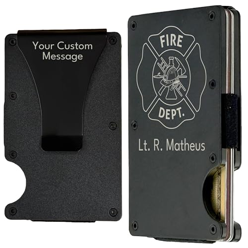 Personalized Metal Slim Wallet for Men RFID Blocking | Fire Department Customized Engraved Mens Minimalist Credit Card Holder Wallet with Money Clip | Custom Birthday Gift for Dad, Firefighter Gifts
