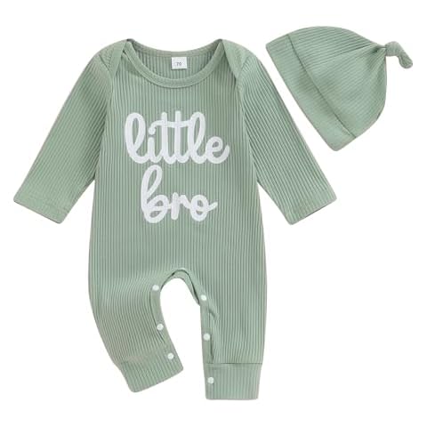 YOKJZJD Newborn Baby Boy Coming Home Outfit Little Brother Knitted Romper Long Sleeve Jumpsuit Bodysuit +Hat Fall Clothes Set (Green, 0-3 Months) Cover