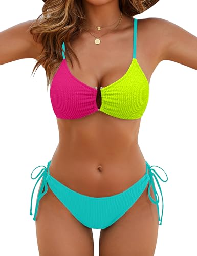 Image of Blooming Jelly Womens Sexy 2 Piece Bikini Sets Cheeky High Cut Bathing Suit Color Block Textured U-Wire Swimsuits 2026