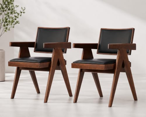 Image of Solid Wood Arm Chair with Cushion and Cane Back Support Chair Living Room Bedroom Home Wooden Armchair Furniture Garden Balcony Outdoor & Indoor (Walnut Chair with Black Leather 2)