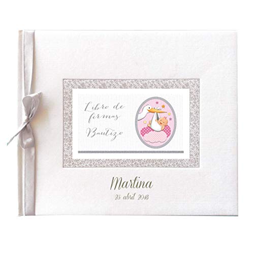 Libro de firmas para bautizo PERSONALIZADO, grabado en la portada con nombre y fecha - Libro recuerdo bautizo para dedicatorias y fotos (rosa)