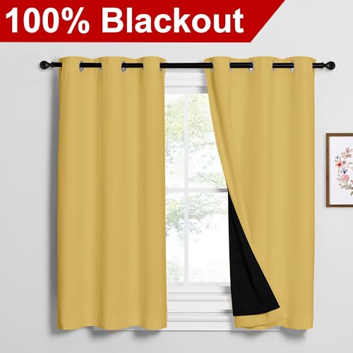 Image of NICETOWN Bright Yellow 100% Blackout Curtains 2 Panels with Black Liners, Thermal Insulated Full Blackout 2-Layer Lined Drapes, Noise Cancellation Window Draperies for Dining Room(42 inch W by 54 inch L)