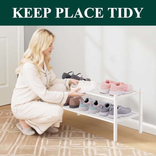 Image of Smiry Bamboo Shoe Rack, 5 Horizontal Slats, 2 Tier - 26.8 inch Wide, White