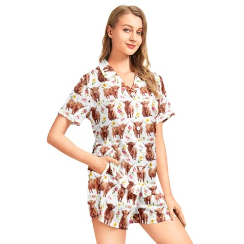 Image of Funny Pajamas for Women Set Print Satin Loungewear Pjs Short Sleeve Button Down Top and Shorts Sets Sleepwear XS-3XL