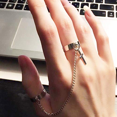 Rings For Men With Chain Cross Adjustable Open Goth Kpop Punk Trendy Mens Double Finger Ring Jewelry For Teens #TOP6
