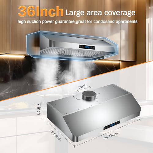 Image of 36 Inch Under Cabinet Range Hood 1200 CFM, 4-Speed Kitchen Hood with Touch Control & Gesture Sensing Stainless Steel Kitchen Stove Vent Hoods, Supports Only Duct Installation