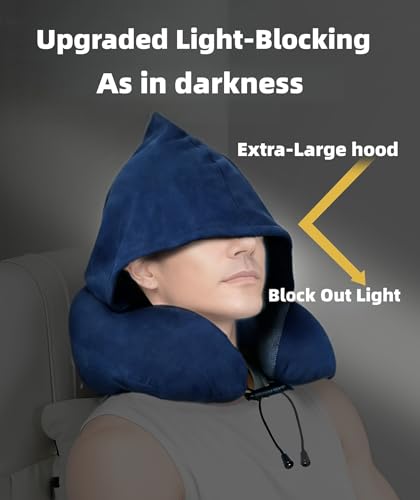 Image of Travel Neck Pillow with Extra Large Hood Rollable Airplane Hooded Neck Pillow with Memory Foam Filling and Removable, Skin-Friendly Cover with a Carrying Pouch
