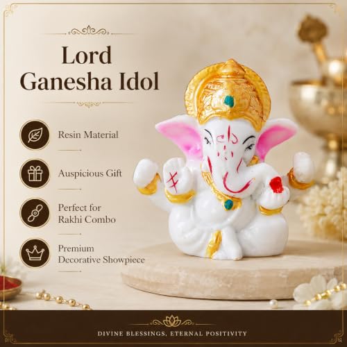 Image of Dreamica Designer Bhaiya Bhabhi Rakhi Set, Lord Ganesha Idol Showpiece, Fridge Magnet, Greeting Card and Tilak Set | Best Rakhi Gift for Brother