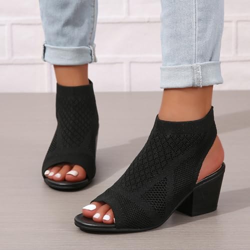Peep Toe Booties for Women Open Toe Heeled Sandals Knit Cutout Chunky Block Heel Breathable Fashion Shoes US5-113