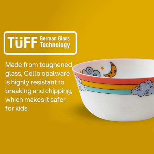 Image of CELLO Kidzbee Unicorn Design Set of 7 Pieces Opalware Kids Dinner Set, White | Food Grade Toughened OpalGlass, Microwave & Dishwasher Safe, Bone Ash Free, Stackble Bowls Mug & Plates Kids Dinner Set