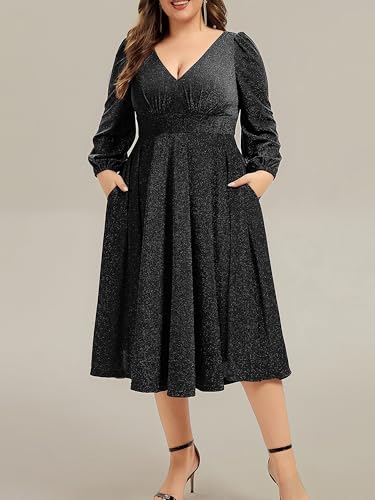Ever-Pretty Plus Women's Tea Length Glitter Formal Dress V Neck Long Sleeve Plus Size Wedding Guest Dresses with Pockets2