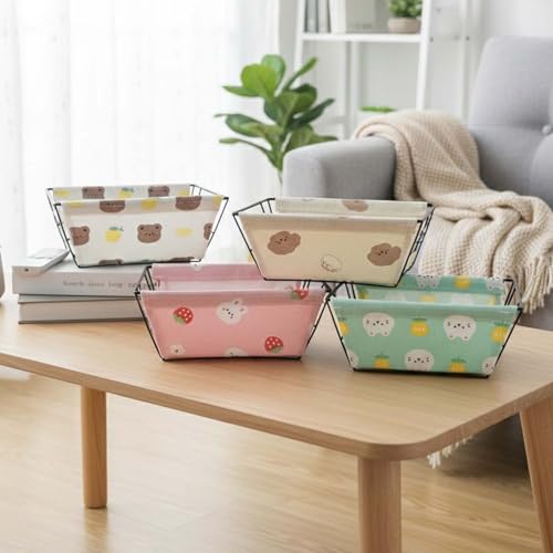 Image of Go Hooked Metal Storage Basket with Removable Fabric Liner | Cute Pink Bunny & Strawberry Print Multipurpose Organizer for Home, Office, Tabletop | Decorative Wire Basket for Toys, Fruits, Snacks