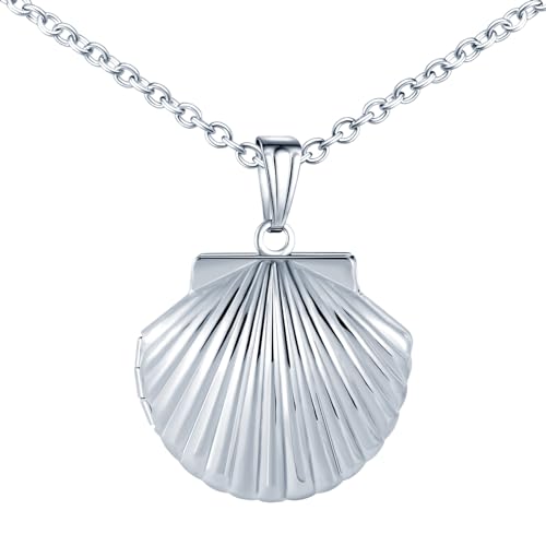 MICMIF Collar Foto Personalizado con Medallón de Concha para Mujer, Acero inoxidable Collar Relicarios Colgante en Forma de Concha para 2 Fotos Joyería Cadena 50cm