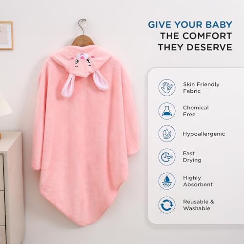 Image of Mee Mee Hooded Baby Bath Towel for New Born | Wash Cloth, Quick Absorbent, Can be Used for Baby Swaddling, Extra Soft Cotton Towels for Kids /Toddlers /Infants /Babies, Pack of 1, (Pink Rabbit) 80X80 CM