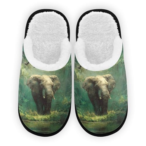 Elephant Cartoon Green Forest Slippers For Women Men Soft Memory Foam Non-Slip Animal Winter Indoor House Shoes Travel Slipper