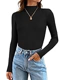 ZESICA Women's 2025 Fall Long Sleeve Turtleneck T Shirt Ribbed Knit Sweater Slim Fit Basic Casual Tee Tops Black Medium