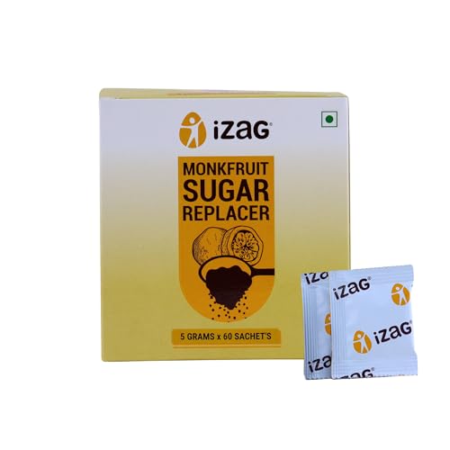 Image of iZaG Monk Fruit Natural & Sugar Replacer (300 Grams) | Zero Calorie Sugar Alternative | Keto & Diabetic Friendly | 1:1 Sugar Replacement | 60 Pre-Measured Sachets (5g Each) | For Tea, Coffee, Cooking & Baking