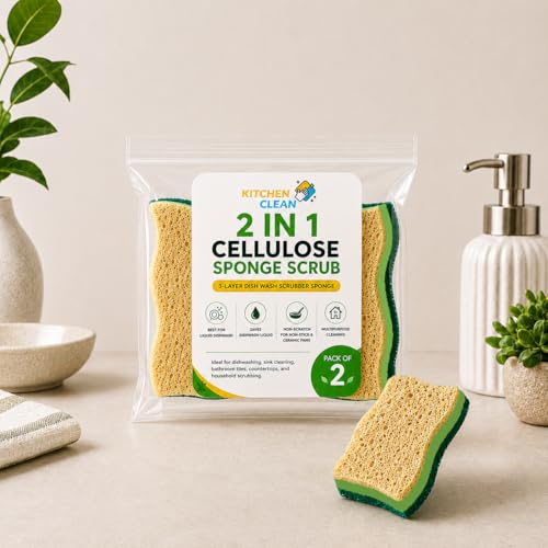 Image of Kitchen Clean 2 in 1 Cellulose Sponge Scrub Pack of 2 | 3-Layer Dish Wash Scrubber Sponge | Non-Stick Safe for Ceramic Pans, Cookware, Utensils & Kitchen Cleaning