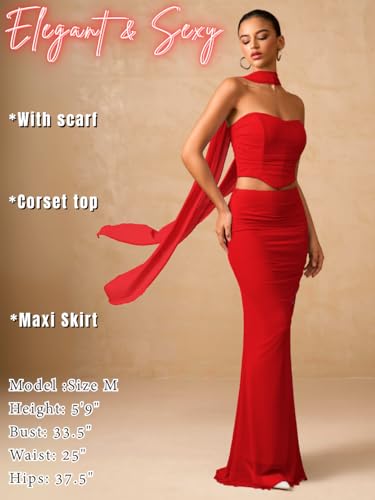 Mesh Floor-Length Skirt-Set, Corset Tube-Top with Scarf, Semi-Formal Wedding-Guest, Strapless Bodycon Ruched Long2