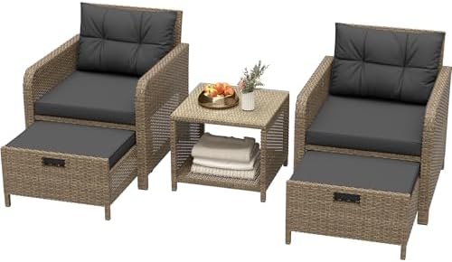 LHBcraft Balcony Furniture 5 Piece Wicker Patio Furniture Set, Ou...