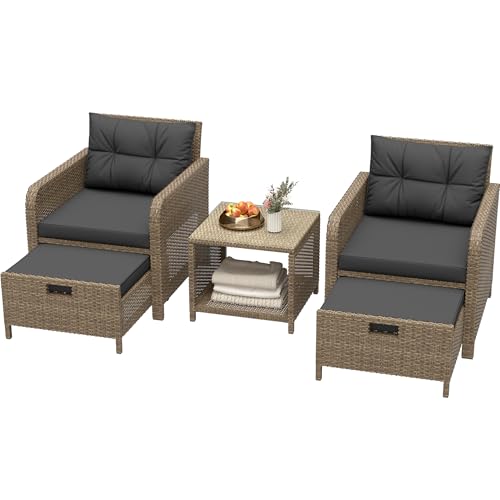 LHBcraft Balcony Furniture 5 Piece Wicker Patio Furniture Set, Outdoor Hand-Woven Rattan Lounge Chairs with Tempered Glass Coffee Table, Ottomans & Soft Cushions for Front Porch, Garden, Black