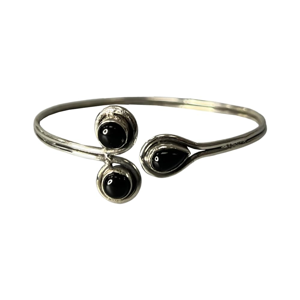 VIE Silver Plated Adjustable Trinity Cuff Bangle, Black Agate