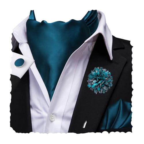 Image of Hi-Tie Silk Ascot for Men Self Tie Men's Cravat and Flower Lapel Pin Handkerchief Cufflinks Set for Wedding Party