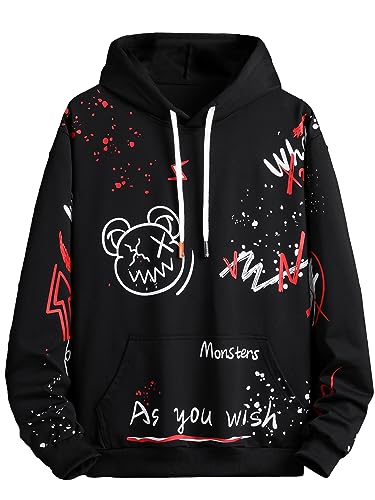 WDIRARA Men's Letter Cartoon Graphic Print Drawstring Hoodie Long Sleeve Sweatshirt with Pocket