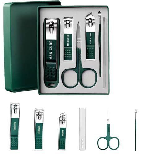 Dark Green Splash-Proof Stainless Steel Nail Clipper Set with 6-Piece Nail Clipper Set, Nail Clipper Repair Tool (Nano Glass File for Shining Nails, Dual Purpose Repair+Ear Spoon+Eyebrow Clipper+diag
