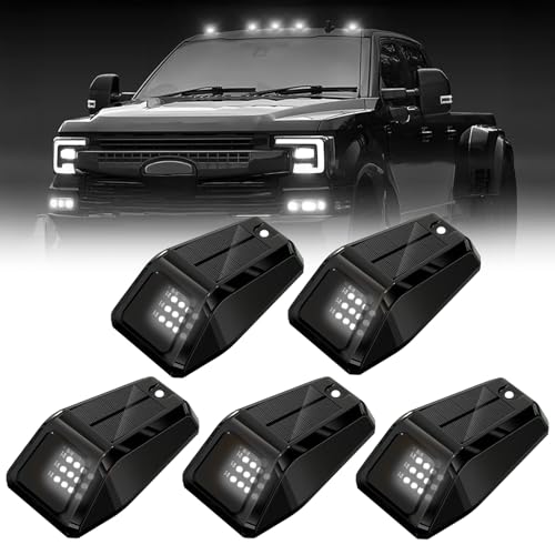 Solar Wireless No Drill Truck Cab Roof Lights with Motion Vibration Sensor 5PCS Ultra-Bright LED IP67 Solar Security Lights for Trucks RVs (White)
