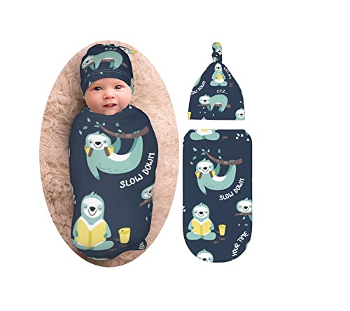 Image of Cute Sloths Newborn Swaddle Blankets Beanie Hat Sets Sloth Baby Stuff Soft and Stretchy Baby Receiving Blanket Swaddle Sack for Baby Shower Swaddle Set for Baby boy
