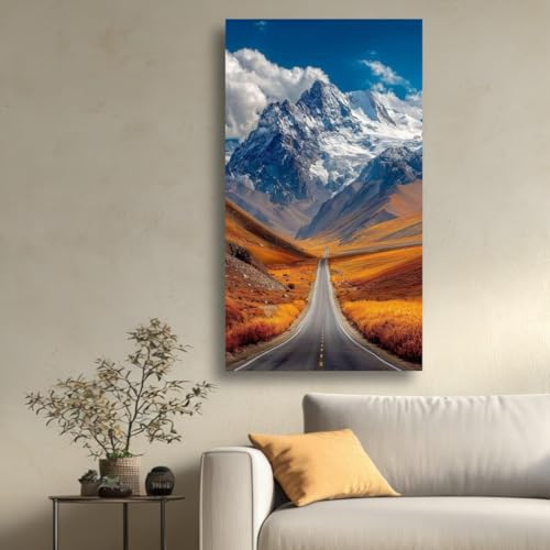 Tableau mural paysager montagne toile décoration vallée automnale route sommets enneigés 60 x 105 cm