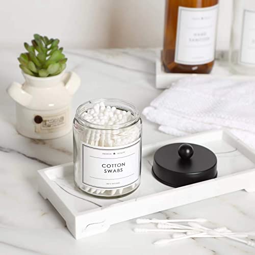 Kusvado 2-Pack Bathroom Apothecary Storage Jars, Vanity Countertop Canister, Glass Jars Q-Tip Holder, Cotton Swab Container, Bathroom Storage Container With 8 Pcs Waterproof Labels (9 Oz, Clear) #TOP4