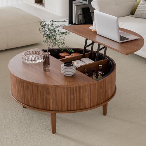 Image of Round Fluted Lift Top Coffee Table with Storage, Mid Century Modern Coffee Table for Living Room, Home Small Space,31.5 inch Fluted Center Table (Walnut, 31.5inch)