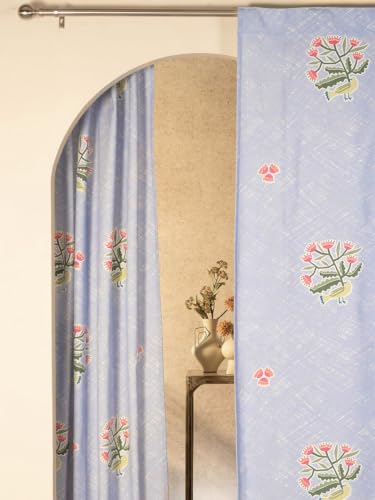 Image of Tranquebar Curtain Co. Cotton Curtains 7 Feet Long Set of 2,60-65% Room Darkening,Lavender Bird Print,Door Curtains 7 Feet Set of 2,Door Curtains 7 Feet Set of 2,BackTabs, Pihu (213 cm)-Set of 2
