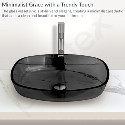Image of Plantex Glass Basin For Bathroom /Tabletop Wash Basin /Luxury Countertop Sink For Home /Office /Hotel (21 X 16 X 4 Inch - Black)