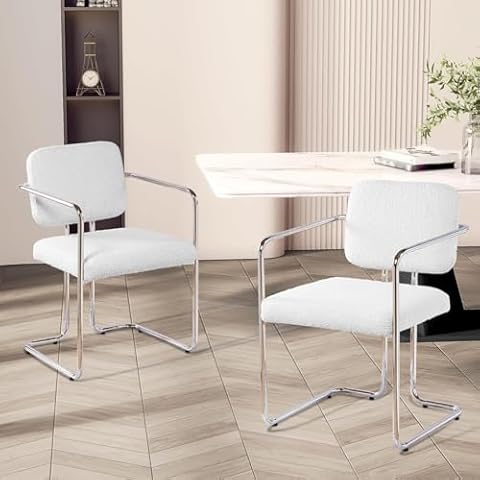 Comfy to go Mid Century Modern Dining Chairs Set of 2, Upholstered Boucle Kitchen Chairs with Arms and Metal Frame, Kitchen Accent Chairs for Living Dining Room(White) Cover