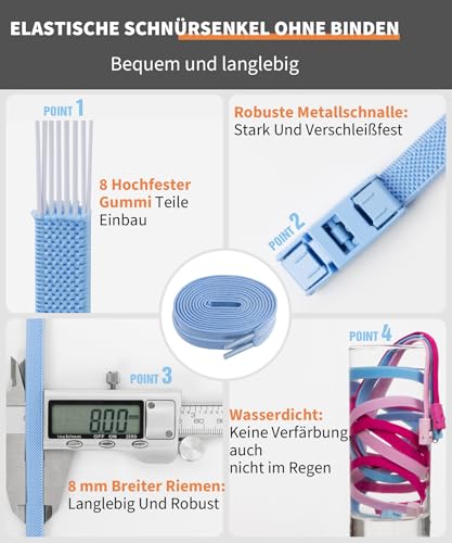 Stepace 2 Paar Elastische Schnürsenkel ohne Binden - 8mm Breit Flache Hohe Elastizität mit Metallschnalle für Sneaker Kinder Erwachsene Weiß 120