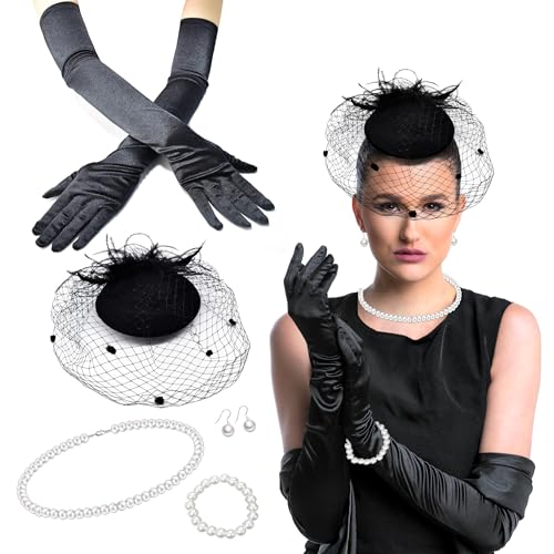 JNYUTEEN Chapeau Fascinateur, 5 Pièces Chapeau Fascinator Accessoires, Vintage Fascinator Femme Gants en Satin pour Mariage Douche Nuptiale Anniversaire Tea...