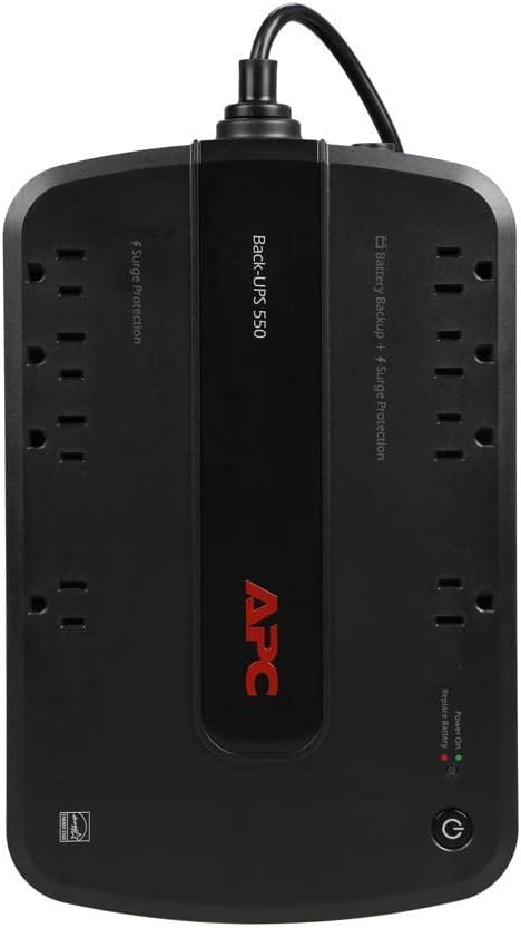Top view of APC Back-UPS BE550G showing outlets and indicators