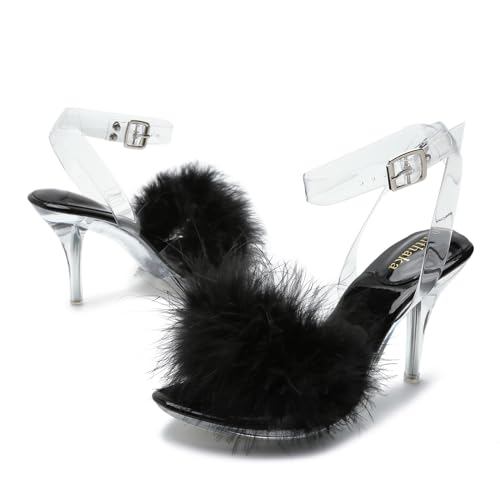 Women's Fuzzy Clear Heels Ankle StrapStilettos Heels Mules Sandals Fluffy Feather Slip On High Heeled Party Prom Dresses Shoes2