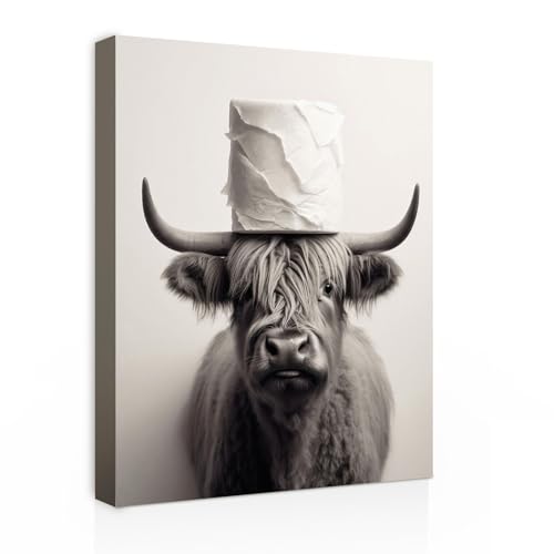 Badezimmer Wandbild Leinwandbild mit Rahmen Lustige Highland Cow mit Toilettenpapier – Humorvolles Kunstdruck Bild für Gäste WC, Toilette oder Bad Wanddeko mit Haken & spurlosen Nägeln 30x40 cm