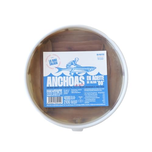 LA MAR SALADA Anchoa del Cantábrico, Elaborada en Santoña, en Aceite de Oliva, Tarrina de 400 grs de 30 Filetes/Calibre 00