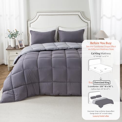 Image of California King Comforter Set, Reversible,Goose Down Alternative,All Season | 250 GSM Fill, Ultra-Soft, Lightweight, Machine Washable, 1 Comforter + 2 Pillow Shams, Quartz Silver /Pebble Grey