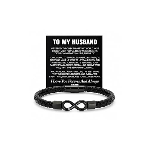 To My Husband Bracelet Stainless Steel Engraved Love You Forever Black Braided Leather Promise Wristband Bracelets With Encouragement Message Card Anniversary Birthday Jewelry Gift (Husband Infinity-21)