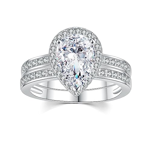 CEJUG 2Ct Teardrop Bridal Rings Sets for Women Halo Pear Cubic Zirconia Solitaire Promise Engagement Rings 18K Gold Plated 6-10