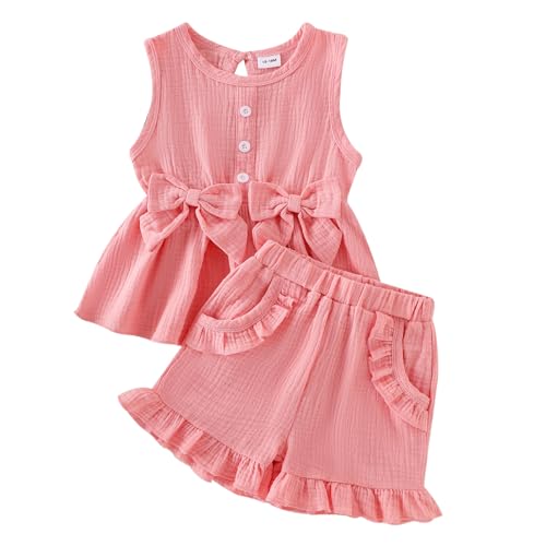 Image of Baby Girl Clothes Toddler Summer Outfits Cute Bow Sleeveless Top and Ruffle Shorts 2pc Set 1-5 Years Old